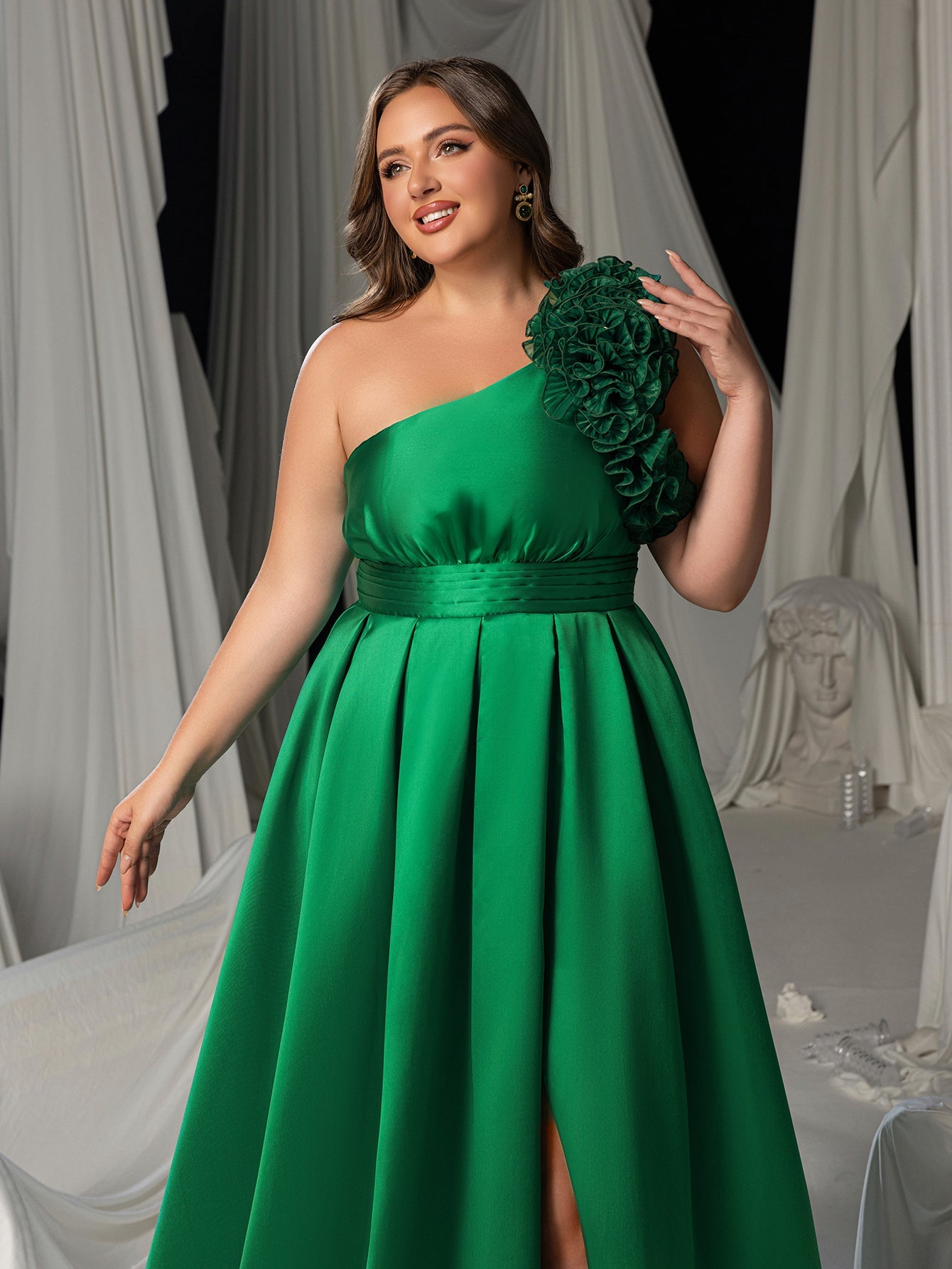 Plus Women's One Shoulder Formal Dress | Statement Ruffle Trim Accent | Corset Back & High Split