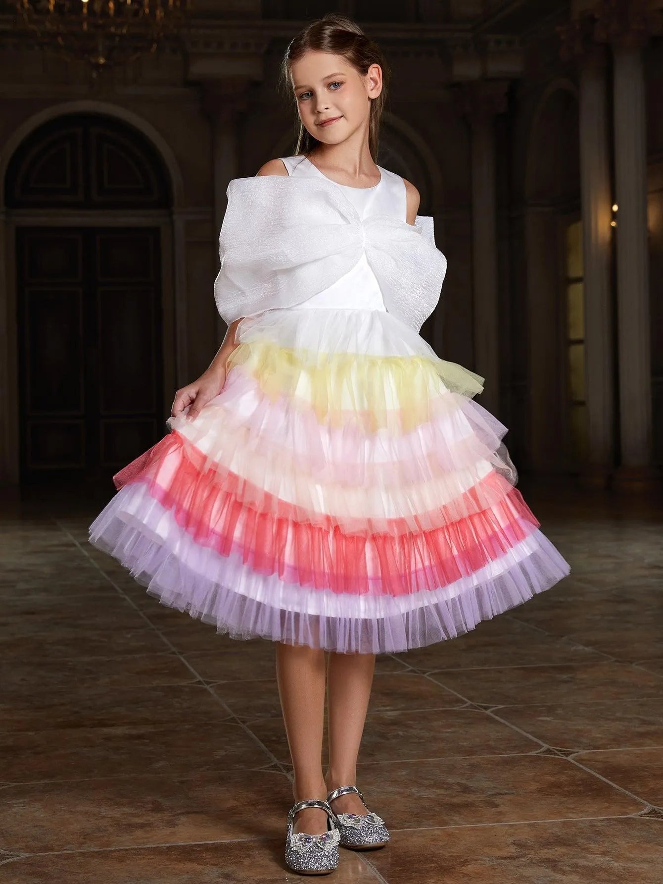 Tween Girls' Bow Detail Iridescent Layered Hem Cake Dress - Elonnashop