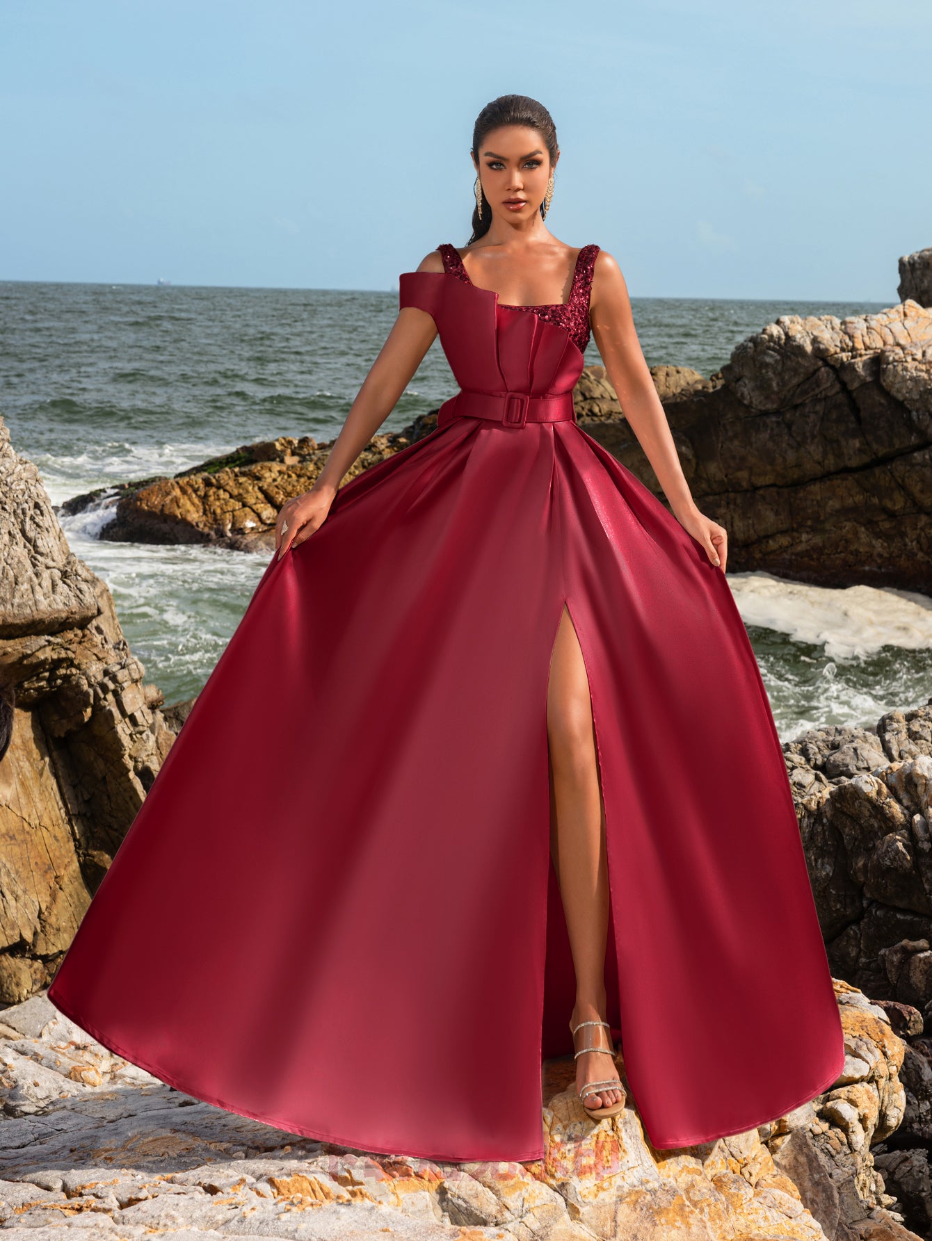 Elegant Square Collar Buckle Belted Split Satin Prom Dress