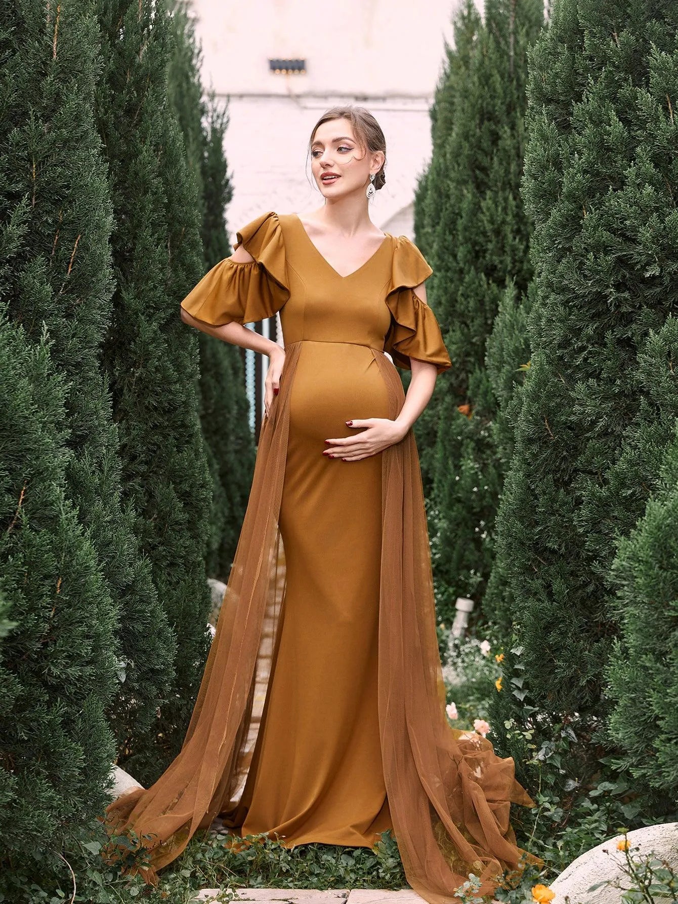 Maternity V Neck Ruffle Sleeves Mesh Overlay Mermaid Dress - Elonnashop