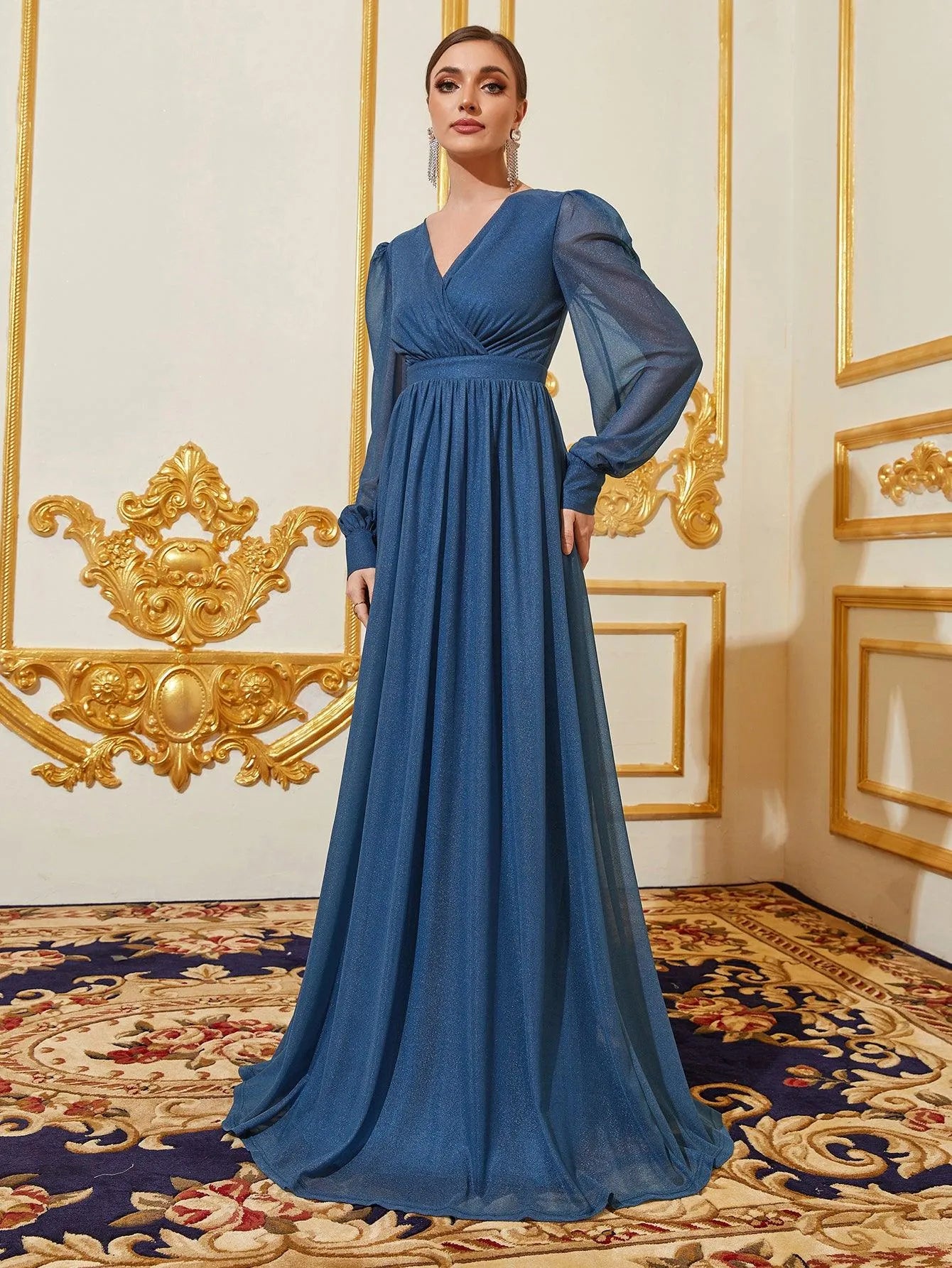 Elegant V Neck Lantern Sleeves Maxi A Line Dress - Elonnashop