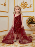 Young Girls' Asymmetrical Neckline Mesh Overlay Sequin Dress - Elonnashop