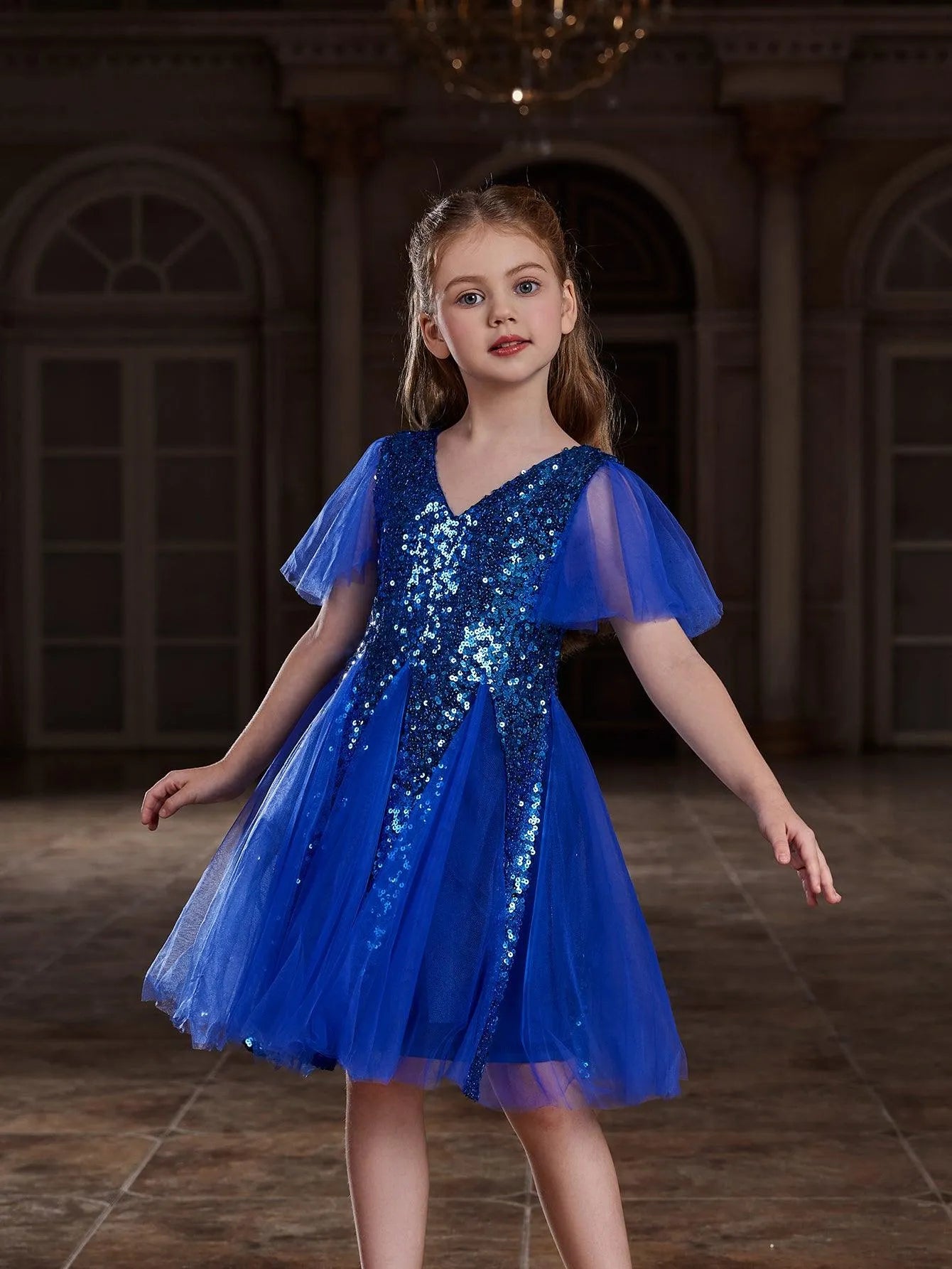 Tween Girls' Butterfly Sleeves Mesh Insert Sequin Dress - Elonnashop