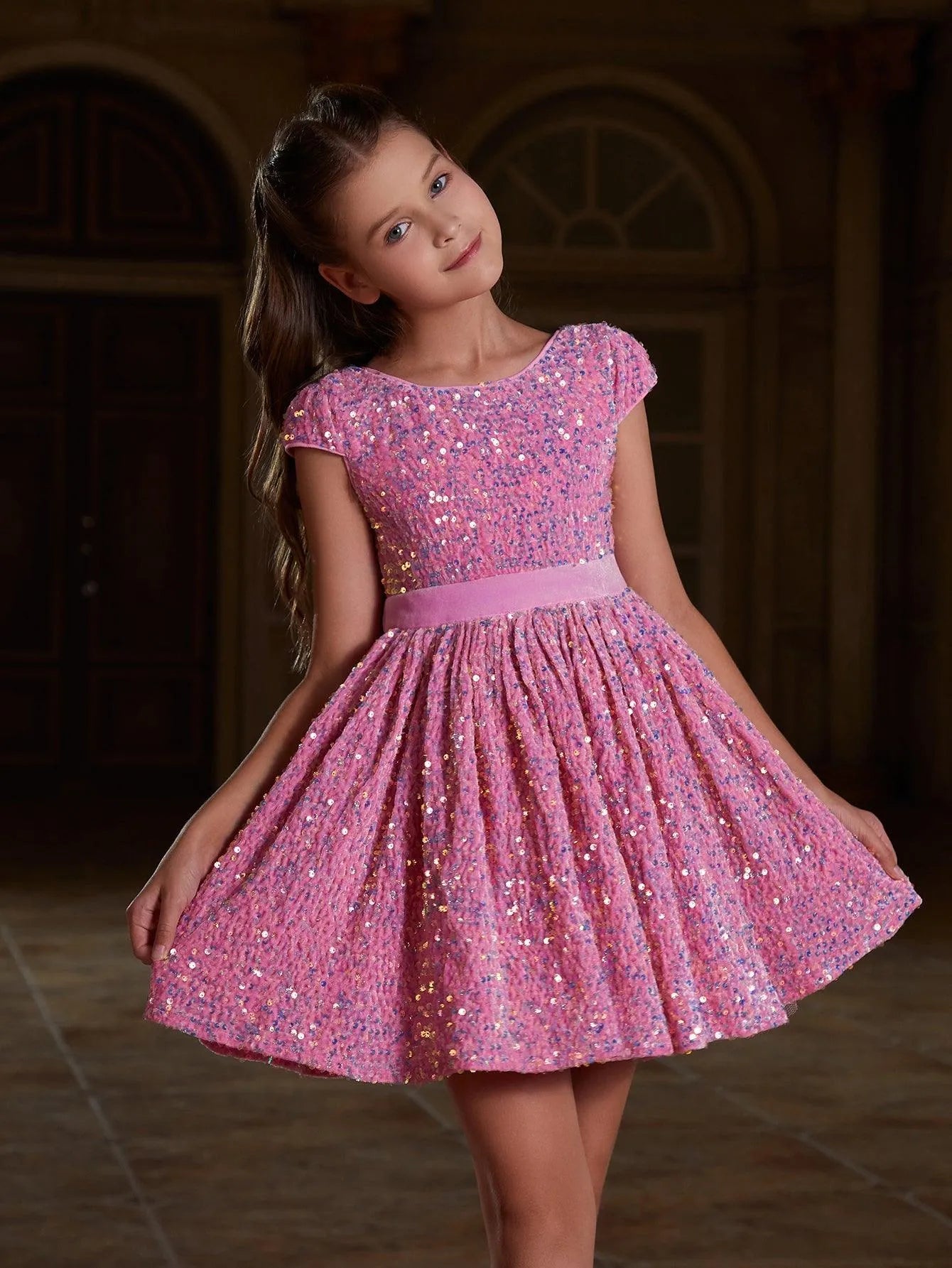 Tween Girls' Bow Back Sequin A Line Dress - Elonnashop