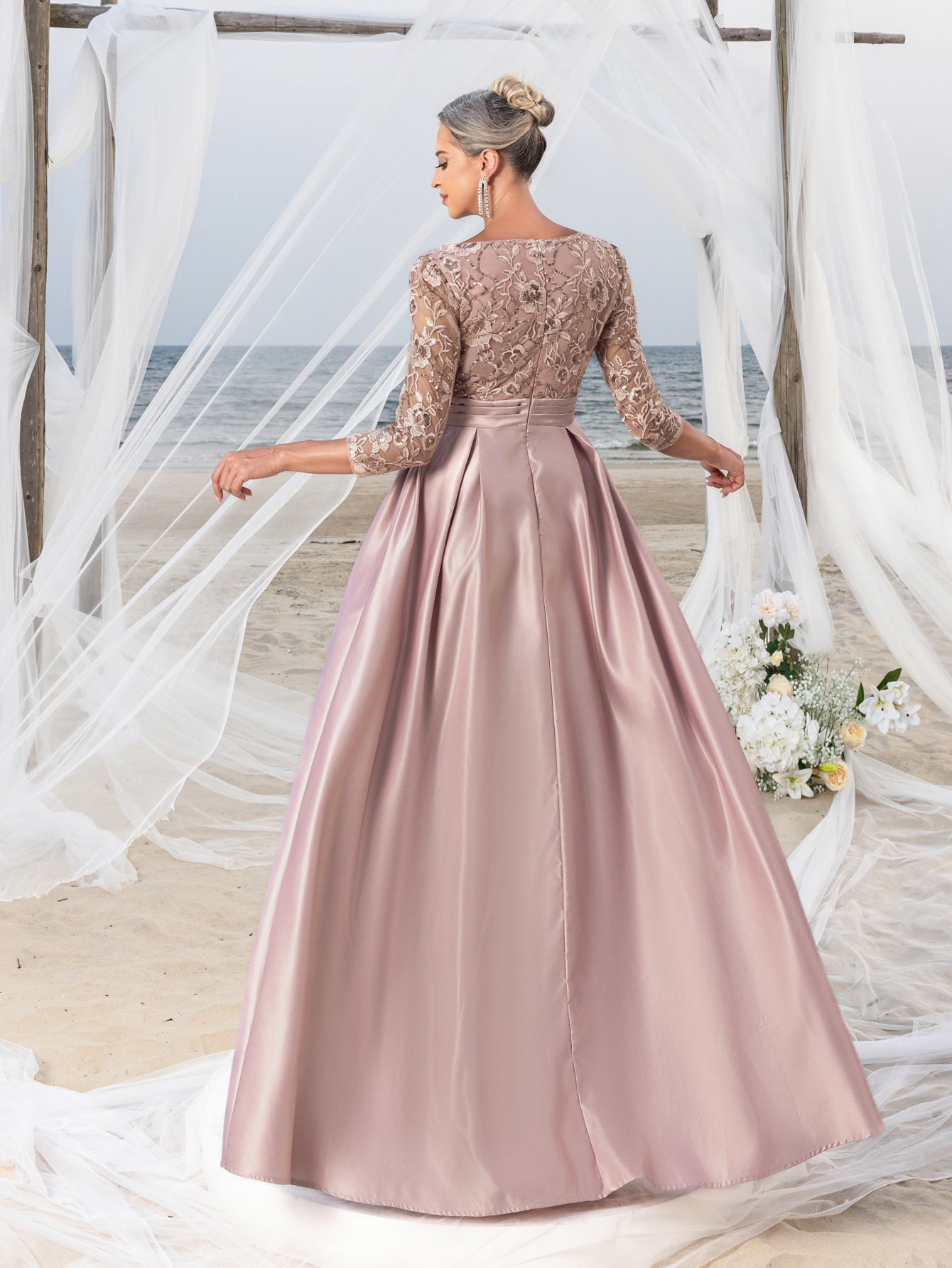 Womens' Glamorous Evening Gown: Allover Sequin-Embroidered Bodice & Satin A-Line Skirt – Elegant Formal Dress for Black-Tie Events