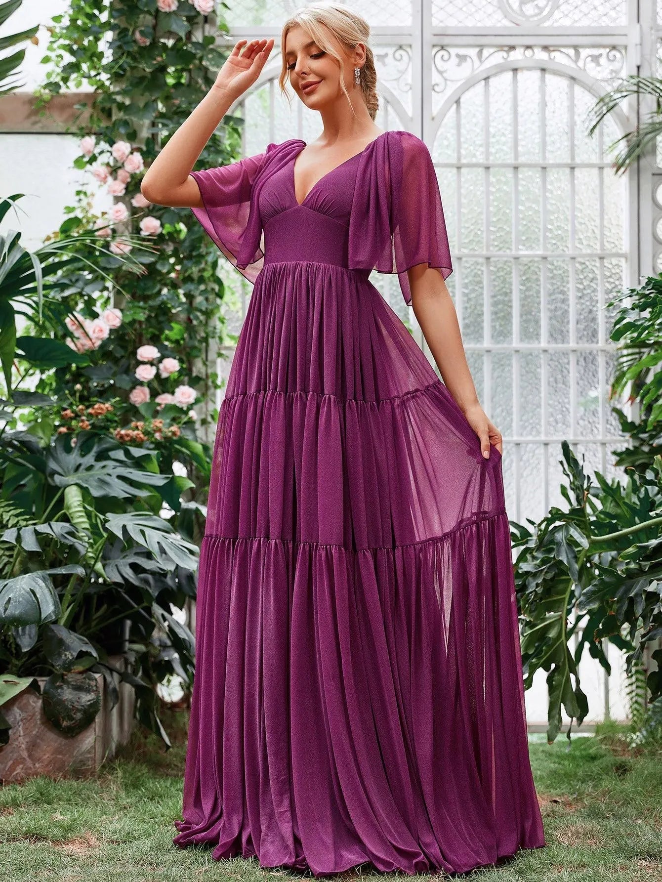 Solid Plunging Neck Butterfly Sleeves Dress - Elonnashop