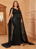 Plus Chiffon Cloak Sleeves Sequin Mermaid Dresses - Elonnashop