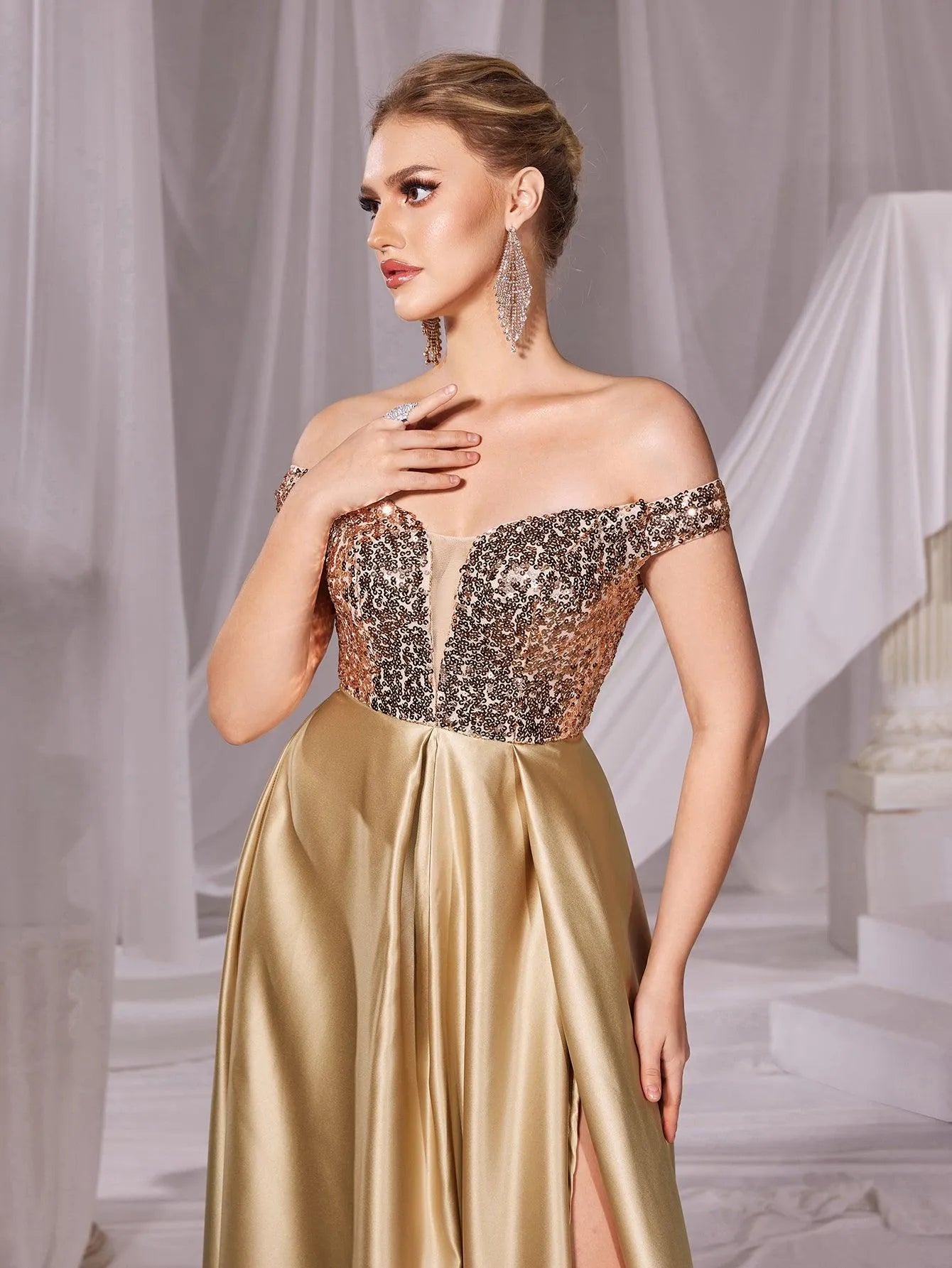 Contras Sequins Off Shoulder Contrast Sequin Satin Prom Dress – Elonnashop