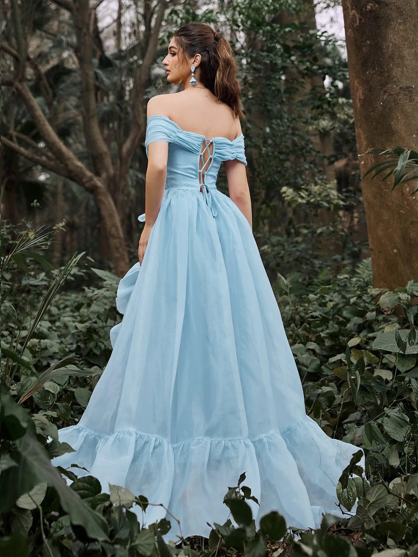 Off Shoulder Ruffle Trim Split Thigh Organza Prom Dress - Elonnashop