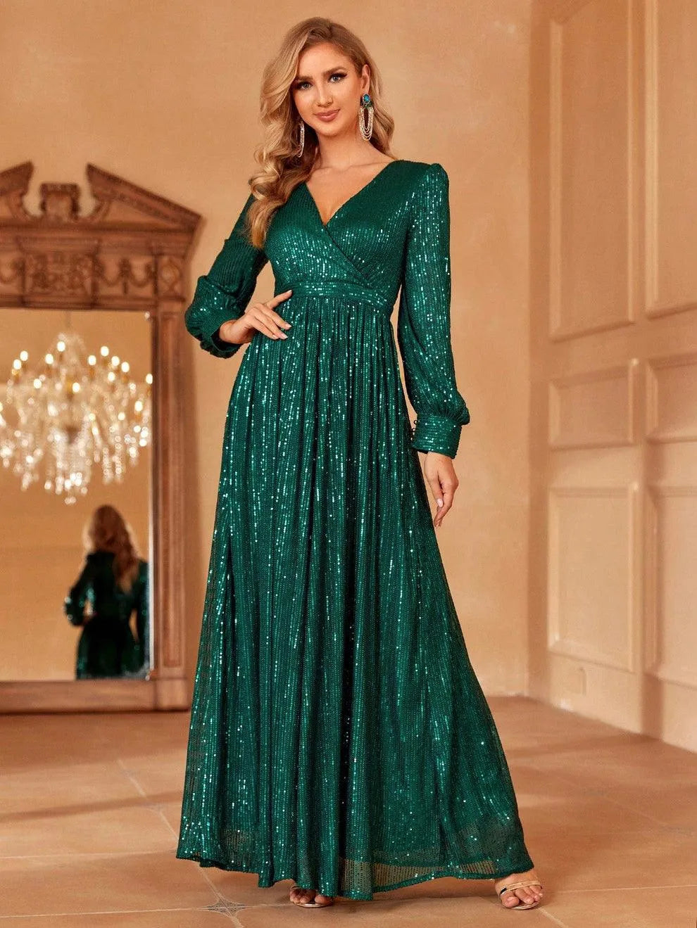 Elegant V Neck Long Sleeves Sequin A Line Dresses - Elonnashop