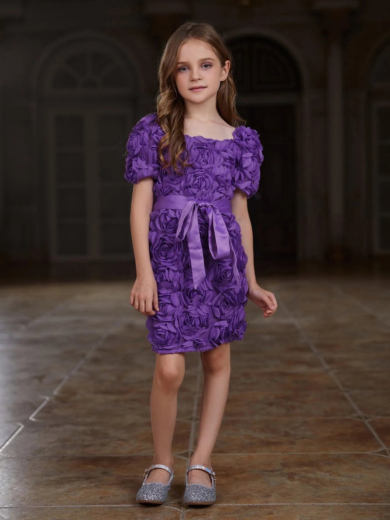 Tween Girls' Square Neck Short Sleeve Applique Dress - Elonnashop