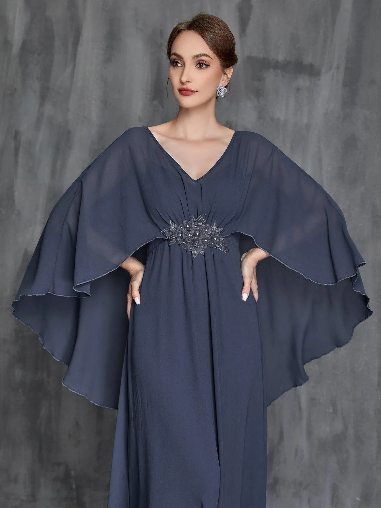 Womens' Applique Detail V Neck Chiffon Cape Dress - Elonnashop