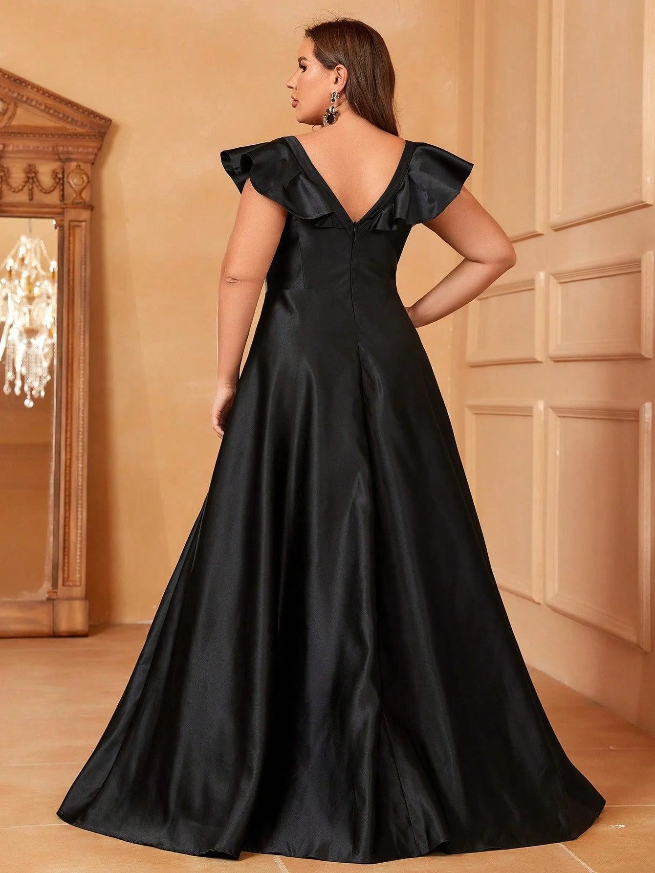 Plus Ruffle Trim Deep V Neck Satin Formal Dress - Elonnashop