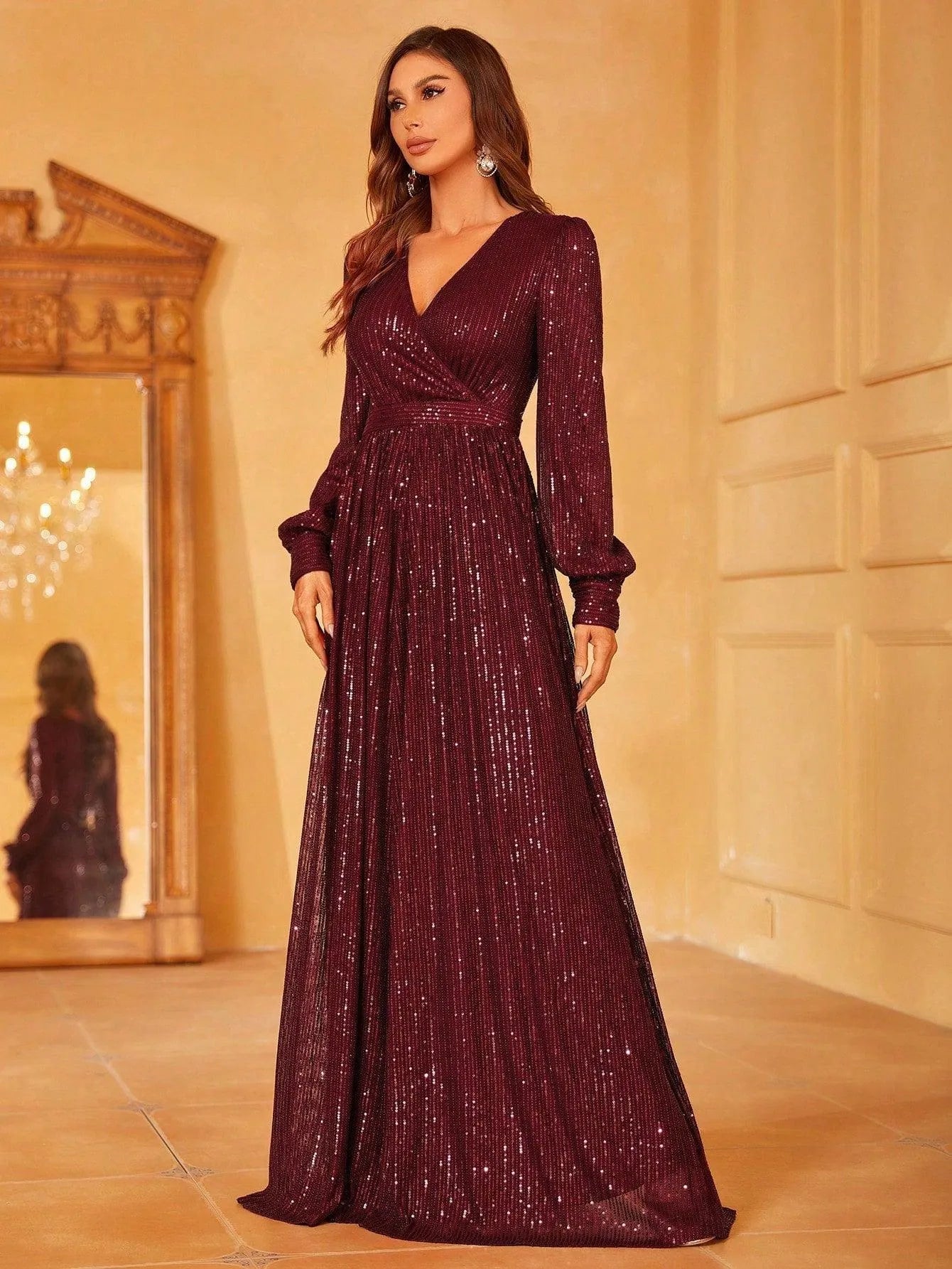 Elegant V Neck Long Sleeves Sequin A Line Dresses - Elonnashop