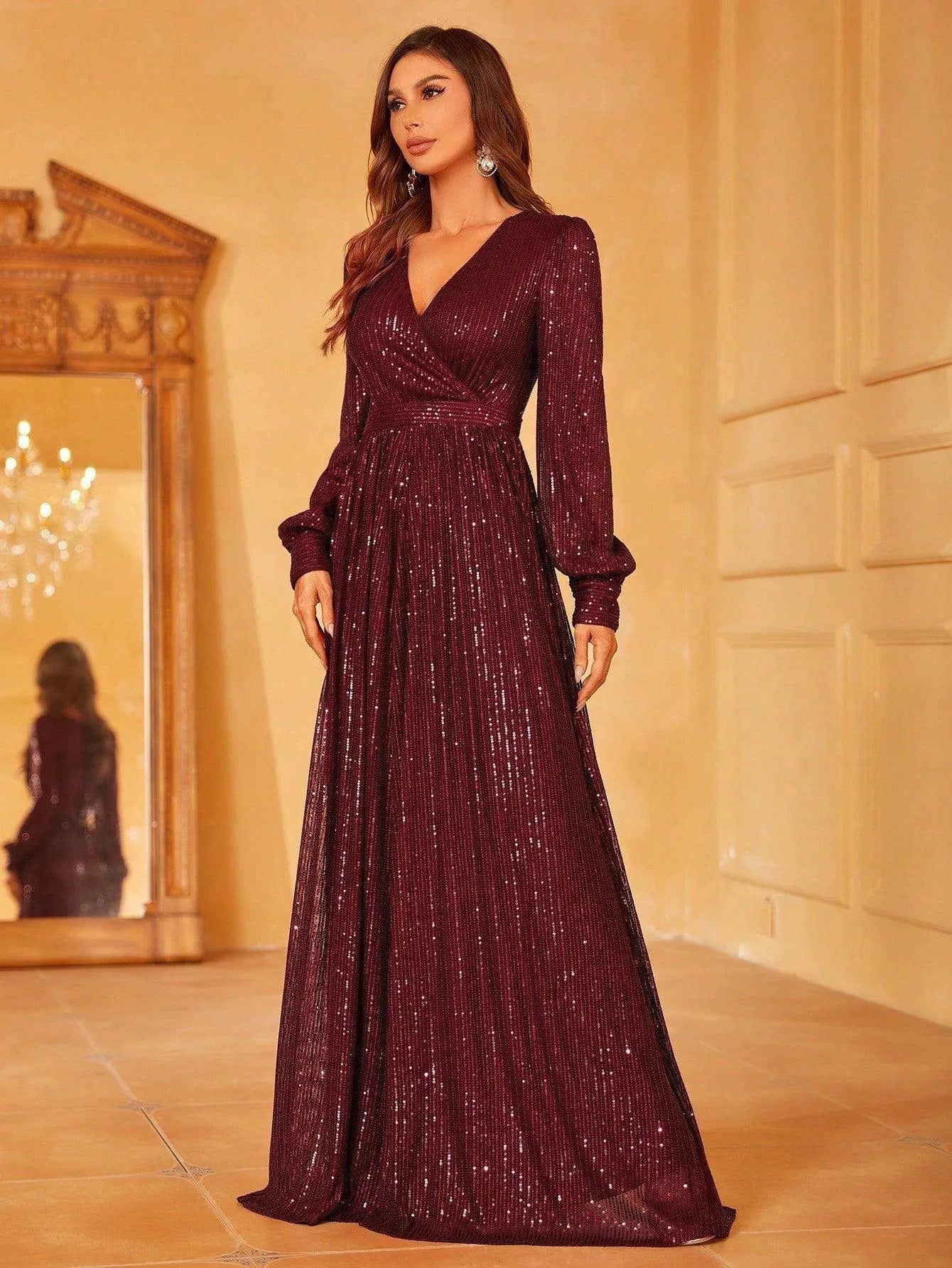 Elegant V Neck Long Sleeves Sequin A Line Dresses Elonnashop Elegant V Neck Long Sleeves Sequin A Line Dresses Elonnashop