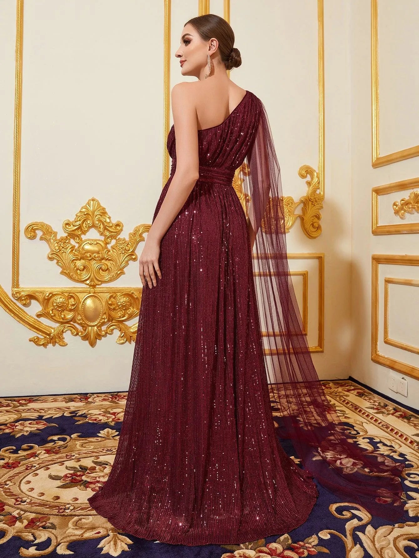 One Shoulder Draped Side Sequin Formal Dresses - Elonnashop