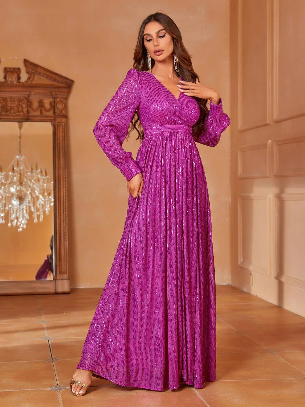 Elegant V Neck Long Sleeves Sequin A Line Dresses - Elonnashop