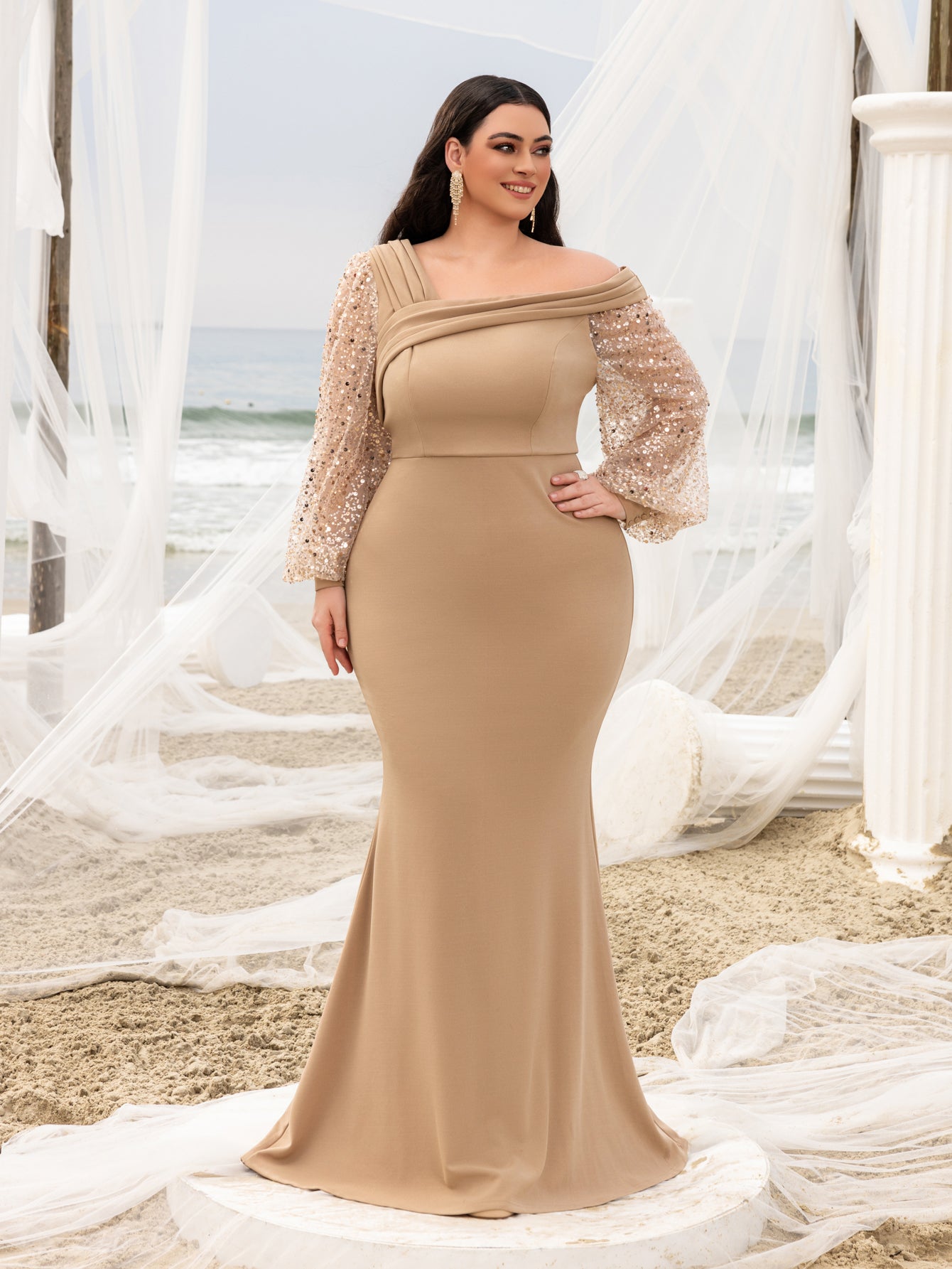 Plus Asymmetrical Neck Lantern Sleeves Formal Mermaid Dress Royal Blue / 5XL Plus Asymmetrical Neck Lantern Sleeves Formal Mermaid Dress Royal Blue / 5XL