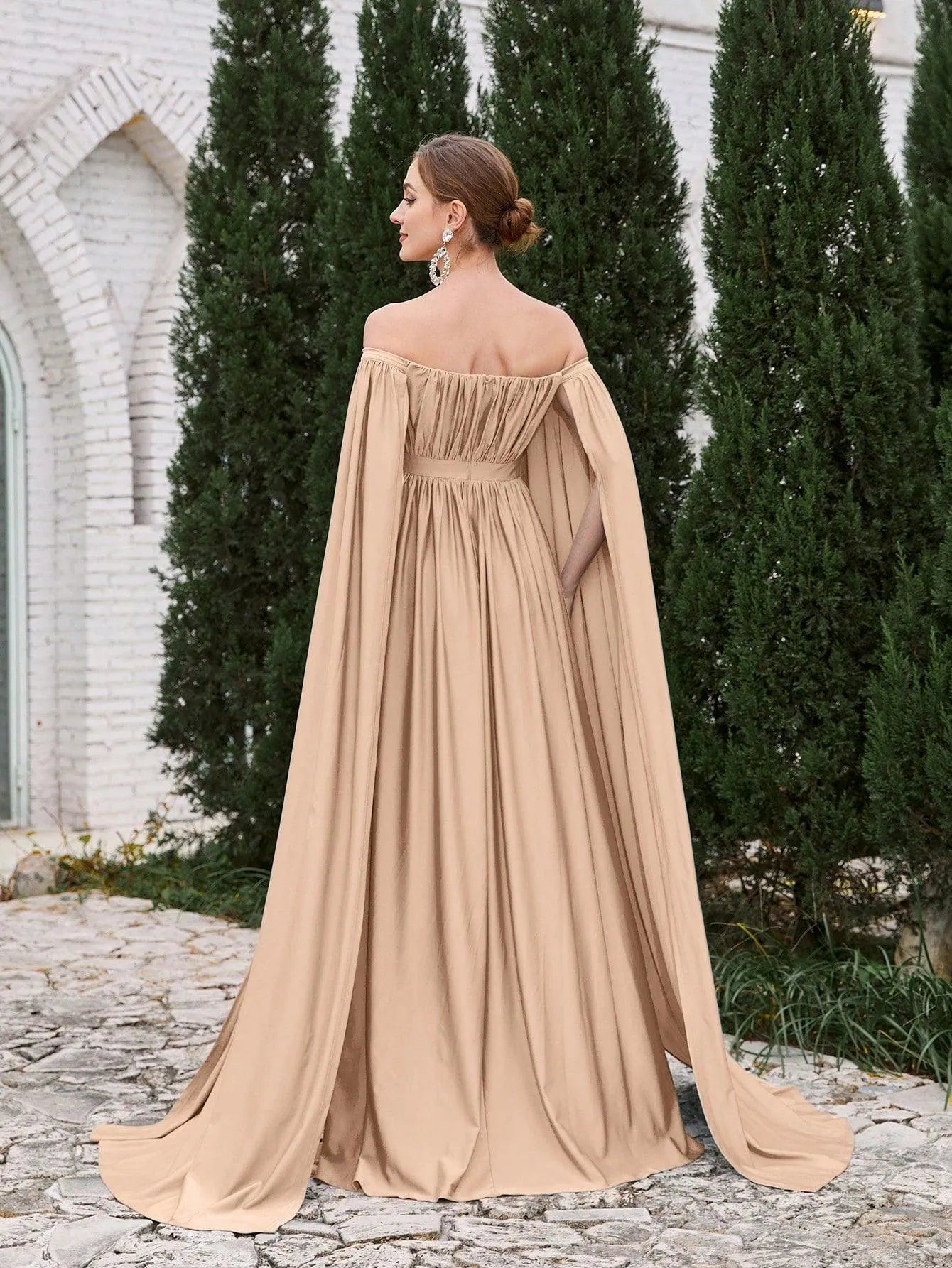 Maternity Off Shoulder Cape Sleeves Maxi Prom Dress - Elonnashop