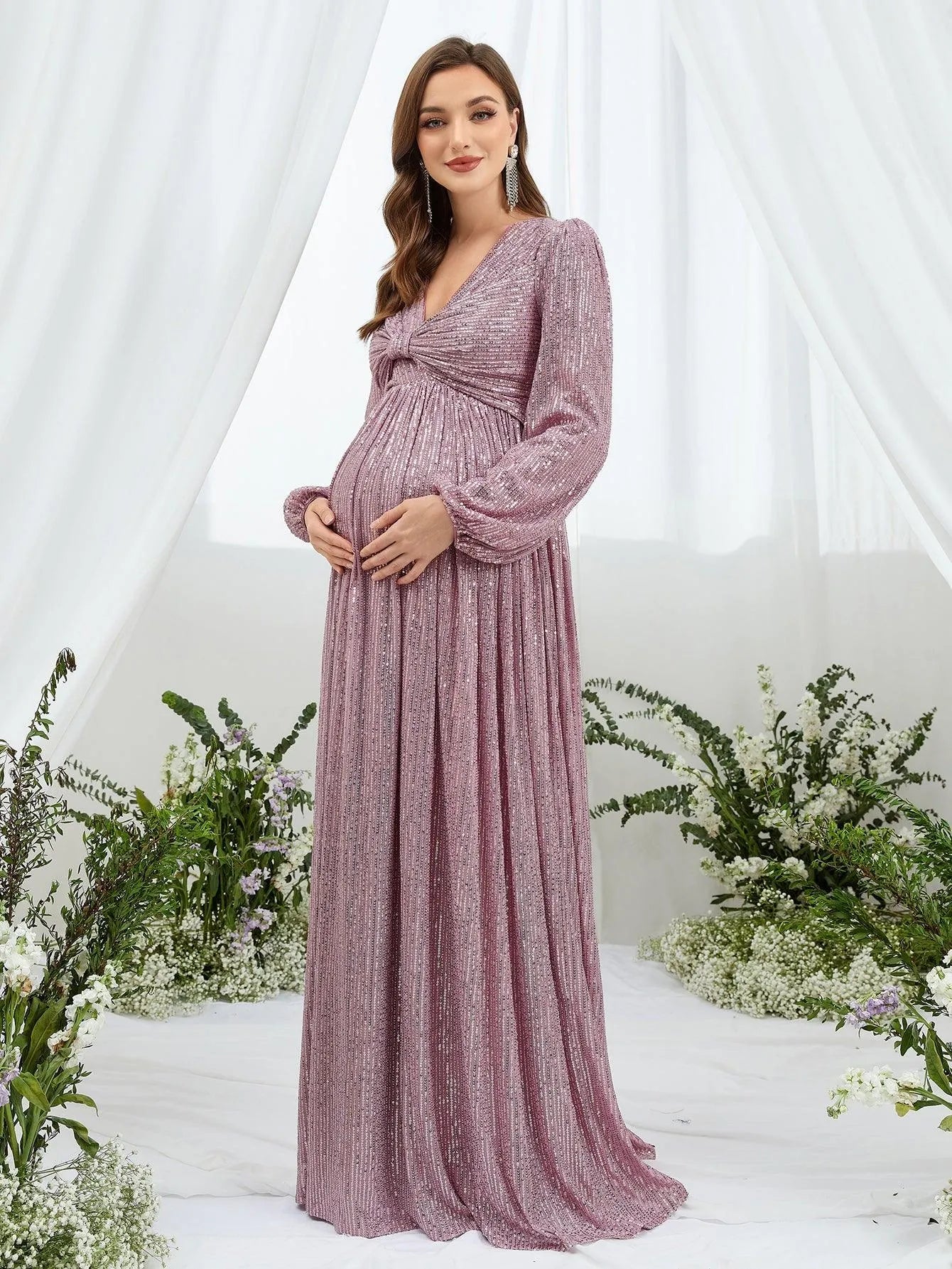 Maternity Ruched Bust Lantern Sleeve Sequin Party Dress - Elonnashop