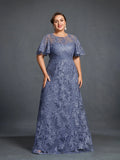 Plus Womens‘ Floral Embroidered Butterfly Sleeves A Line Formal Evening Dress