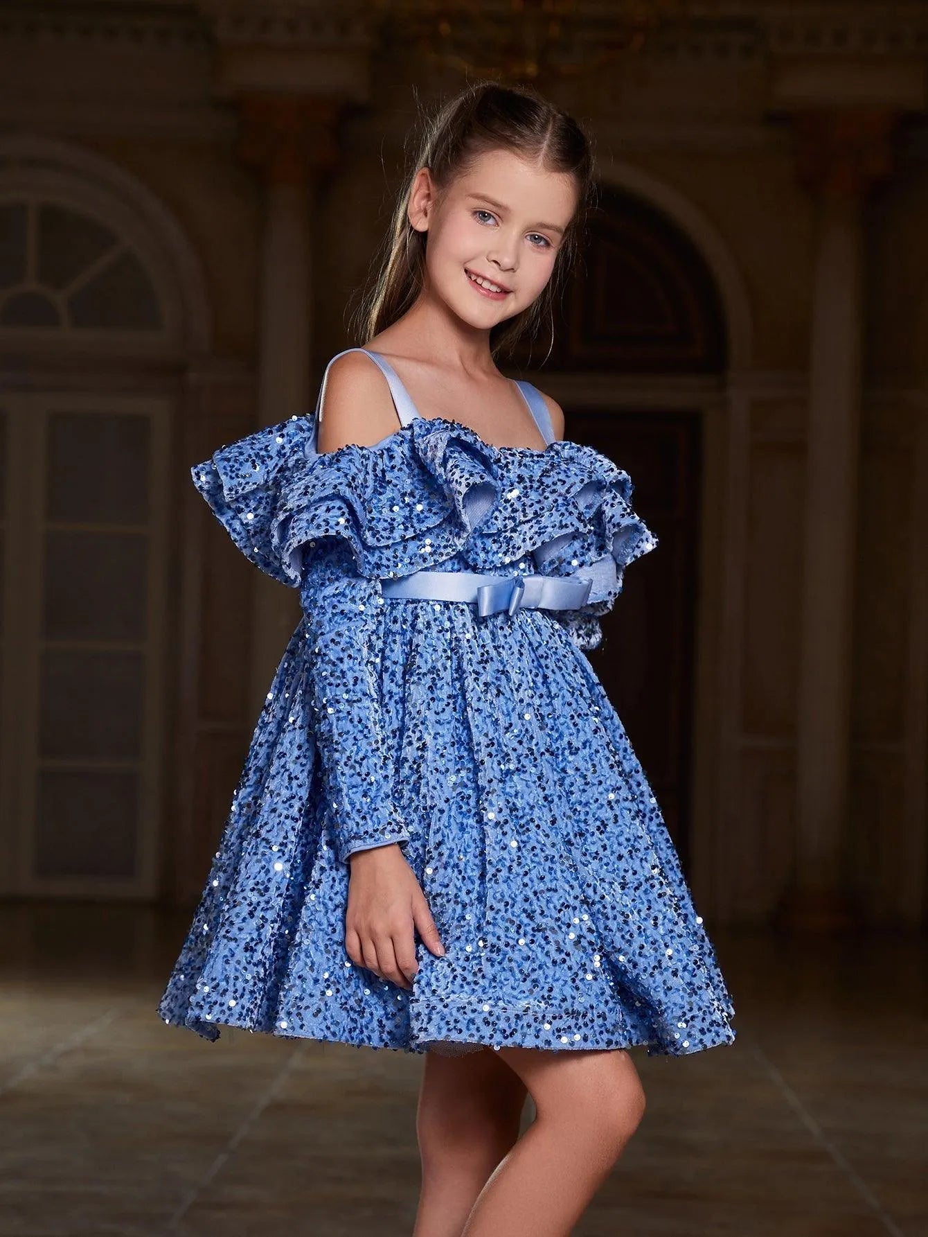 Tween Girls' Off Shoulder Layered Ruffle Trim Sequin Party Dress - Elonnashop