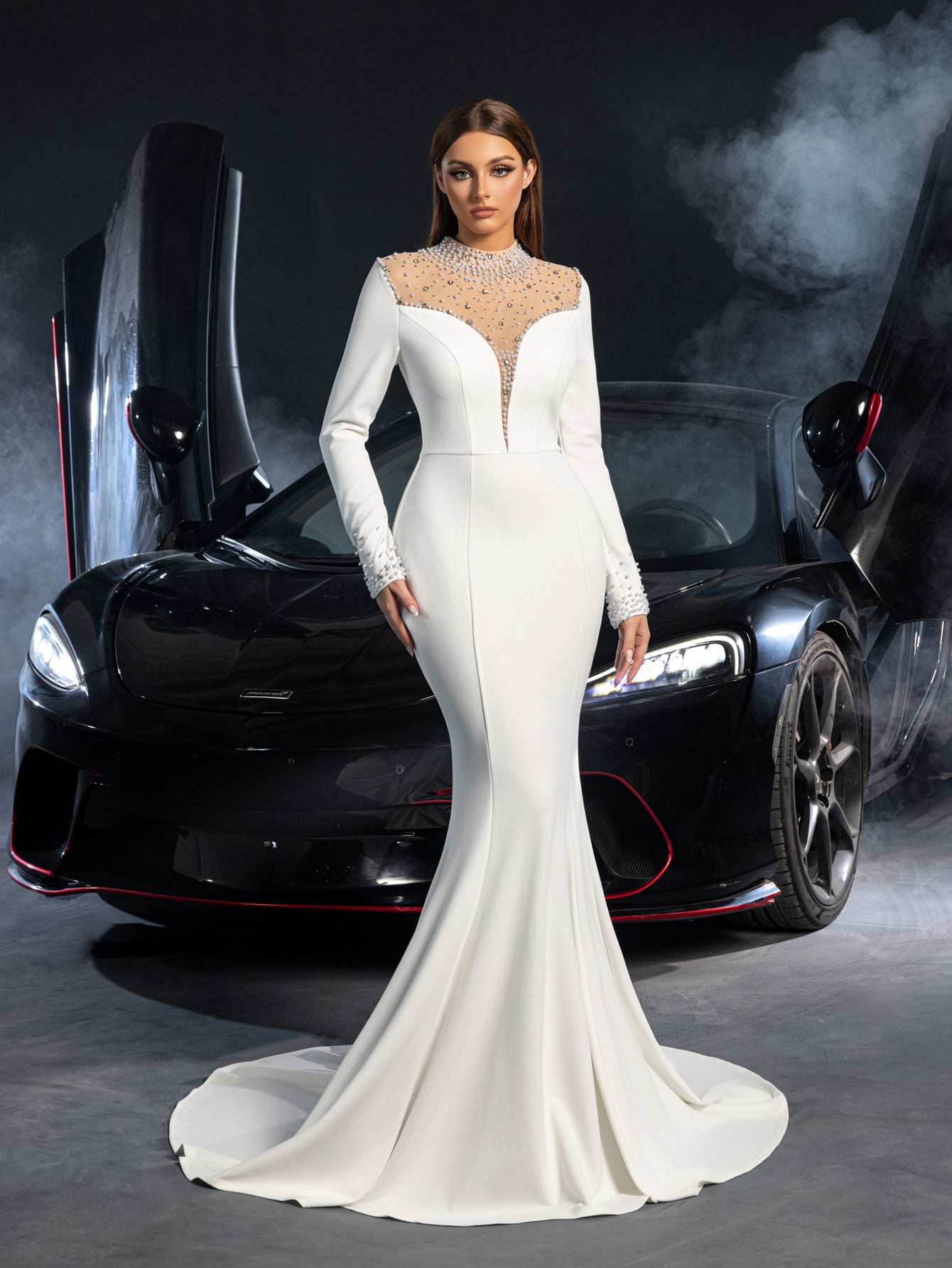 Elegant Pearl Embellished Mock Neck Long Sleeves Mermaid Hem Wedding Dress