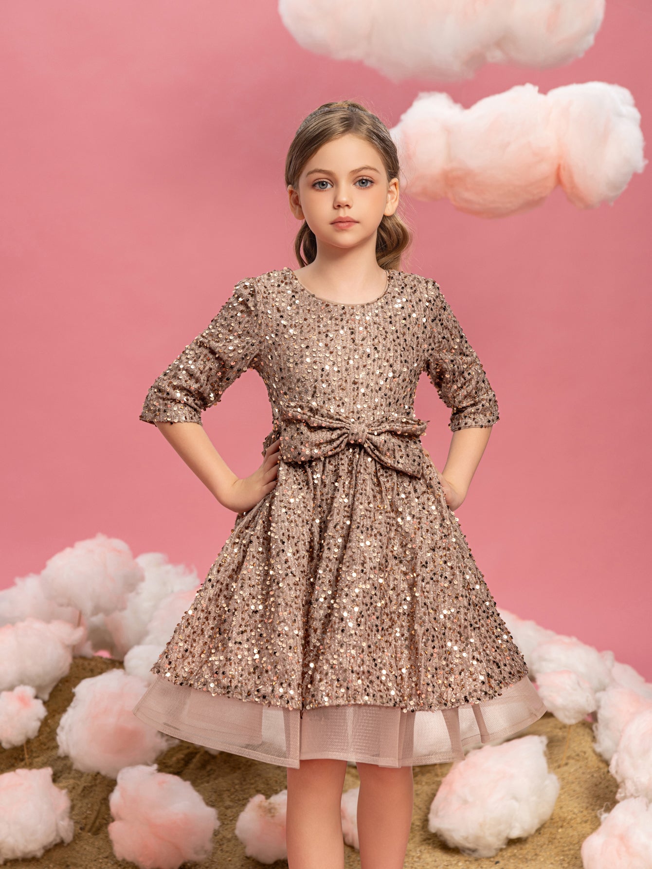 Tween Girls' Bow Detail 3/4 Sleeve Sequin Party Dress