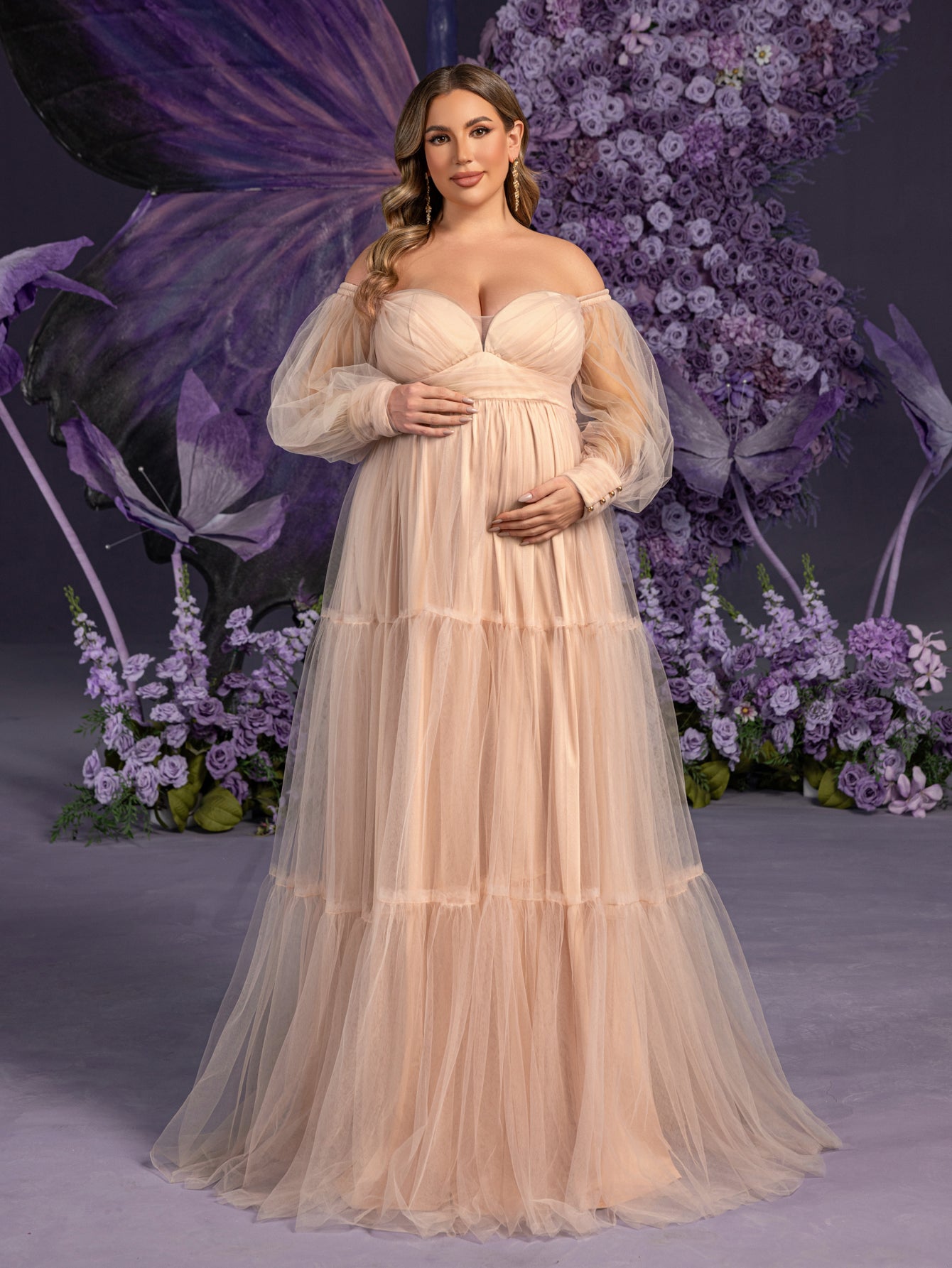 Plus Maternity Off Shoulder Bishop Sleeves Layered Tulle Photography Dress