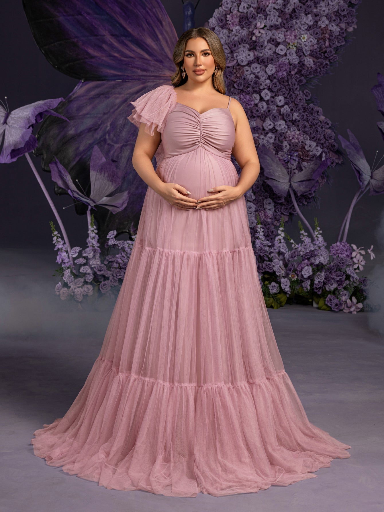 maternity ruched dress boohoo Women's Maternity Double Layer Ruched Plunge Batwing Maxi Dress