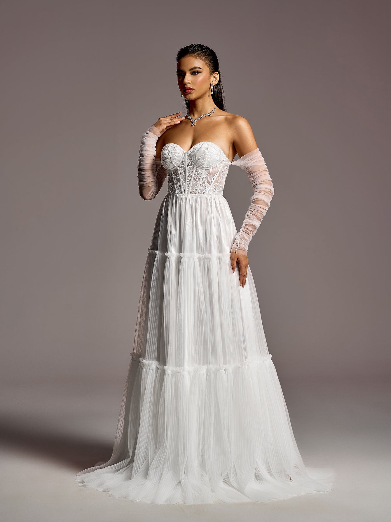 Elegant Lace Corset Bodice Sheer Sleeves A-line Tulle Wedding Dress