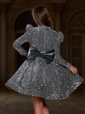 Tween Girls' Mock Neck Gigot Sleeve Sequin A Line Dress - Elonnashop