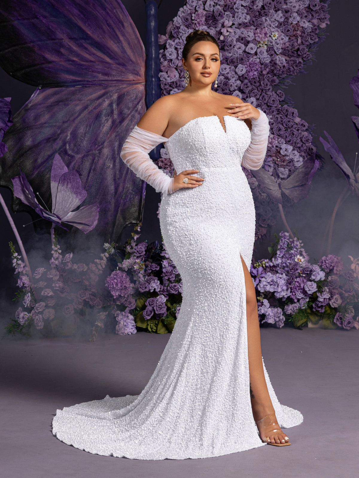 Plus Sheer Sleeves Split Mermaid Hem Sequin Tube Wedding Dress