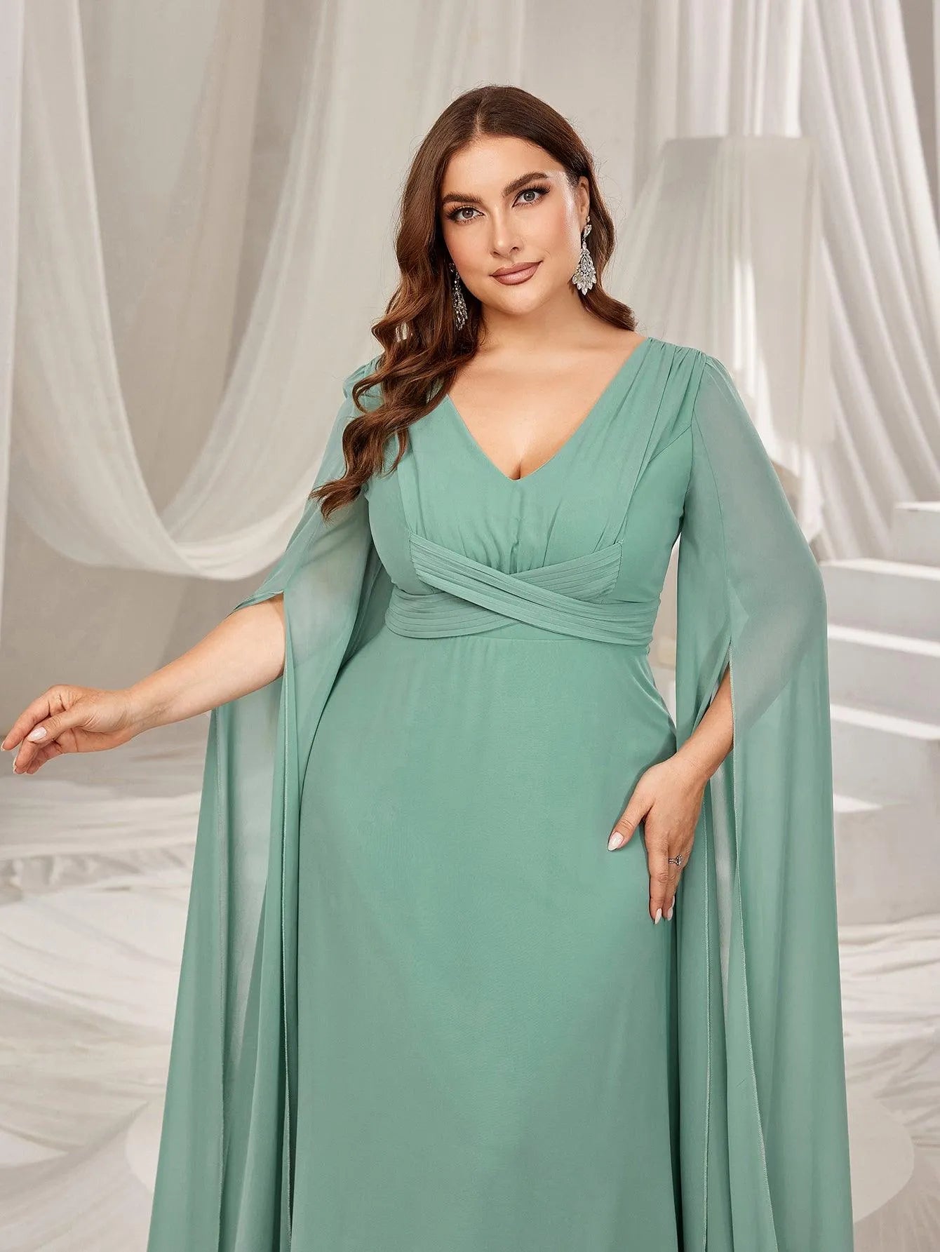 Plus Solid Ruched Front Extra-Long Sleeves Chiffon Prom Dress - Elonnashop