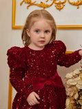 Young Girls' Gigot Sleeve Bow Decor Sequin Midi Dress - Elonnashop