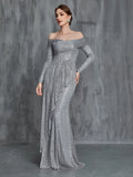 Womens' Off Shoulder Long Sleeves Sequin Formal Dress - Elonnashop