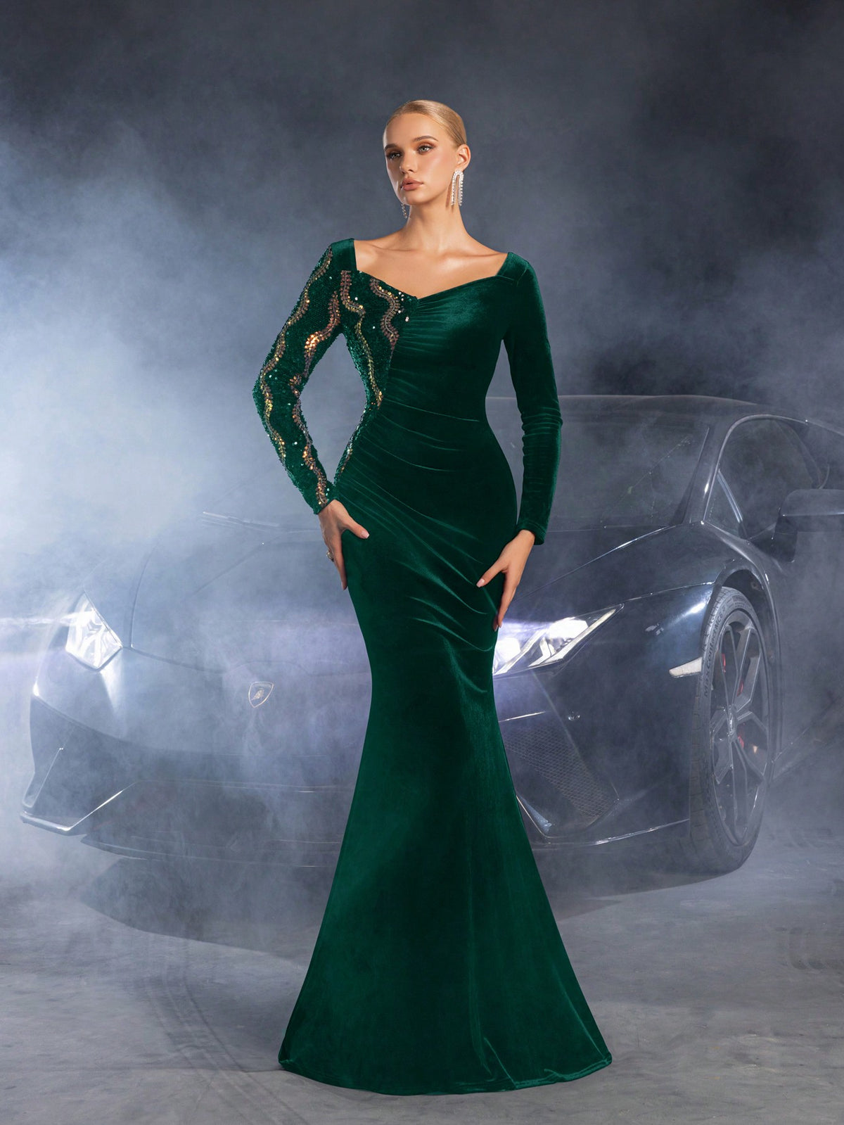Elegant Asymmetric Long Sleeve Mermaid Gown with Sequined Accents, Luxury Evening Dress