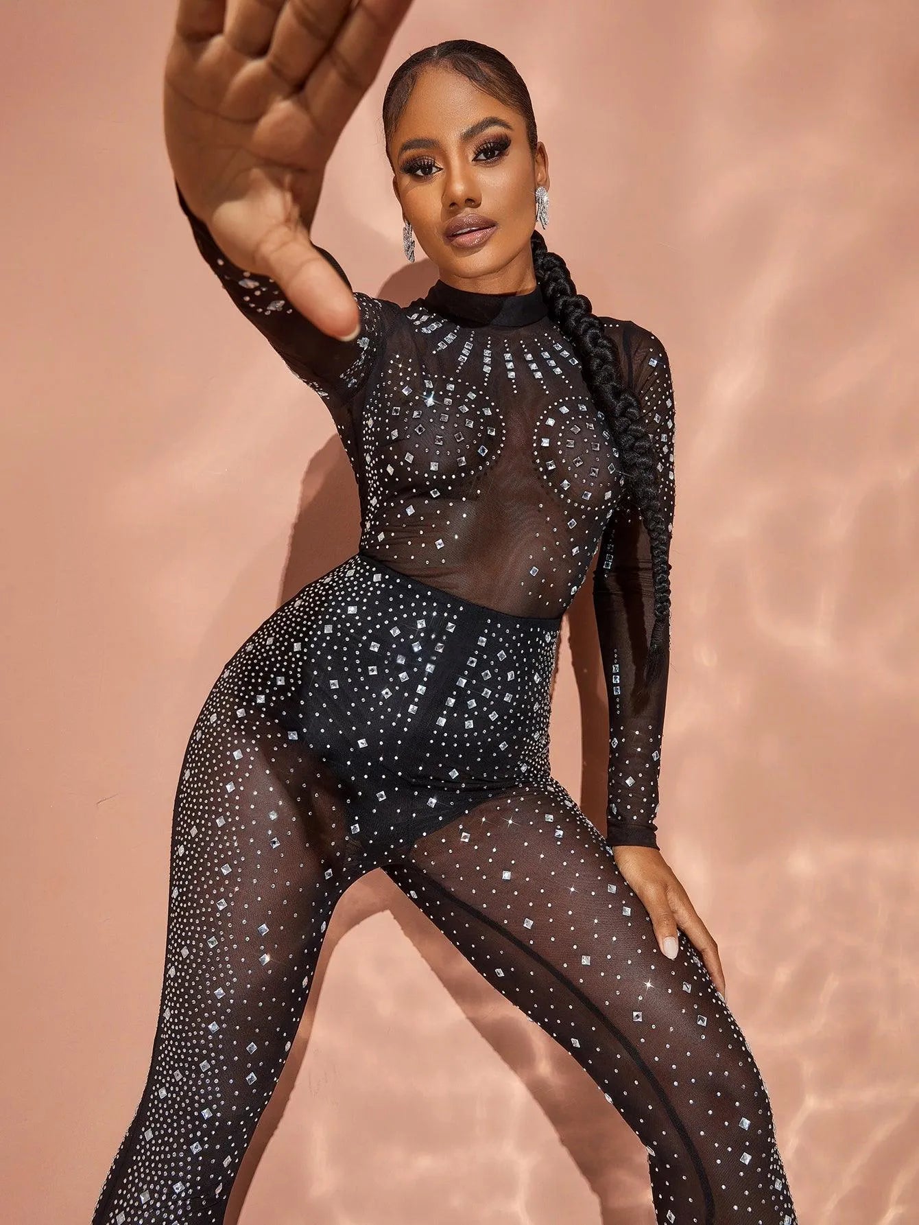 Chic Rhinestone Detail Mock Neck Long Sleeves Jumpsuit - Elonnashop