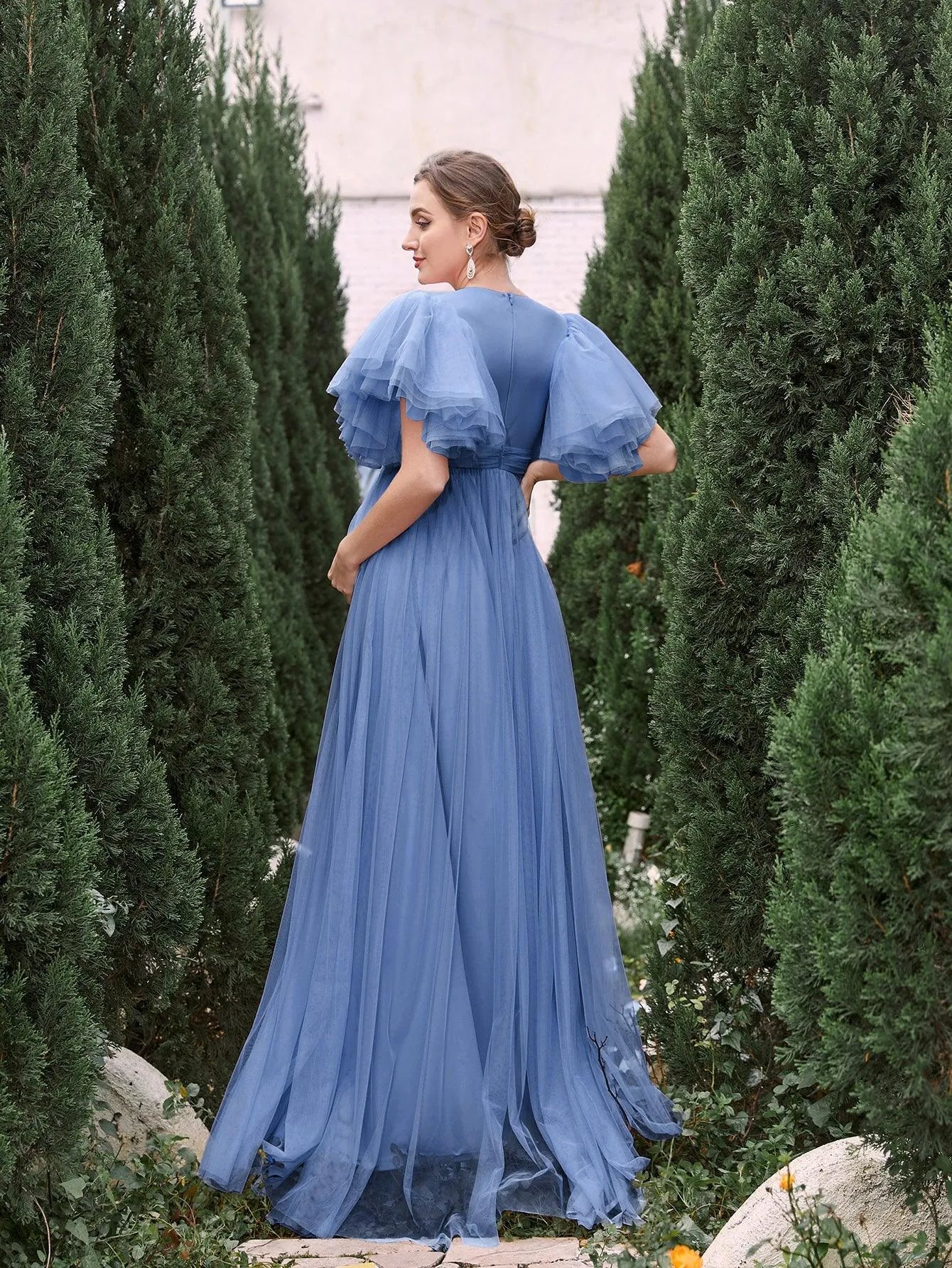 Maternity V Neck Layered Ruffle Sleeves Split Prom Dress - Elonnashop