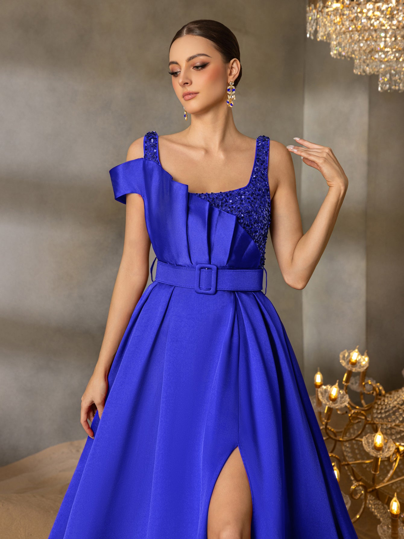 Elegant Square Collar Buckle Belted Split Satin Prom Dress