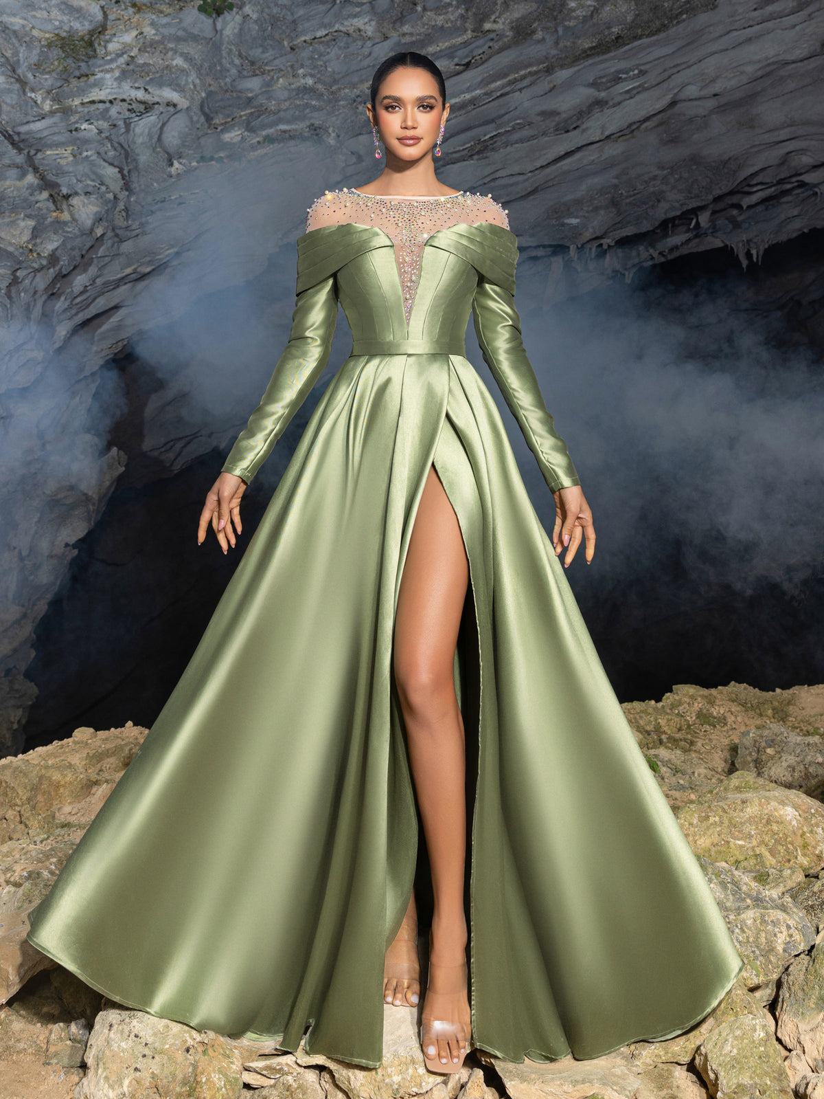 Luxury Beaded Evening Gown with Off-Shoulder Mesh Insert, High Slit Elonnashop Luxury Beaded Evening Gown with Off-Shoulder Mesh Insert, High Slit Elonnashop