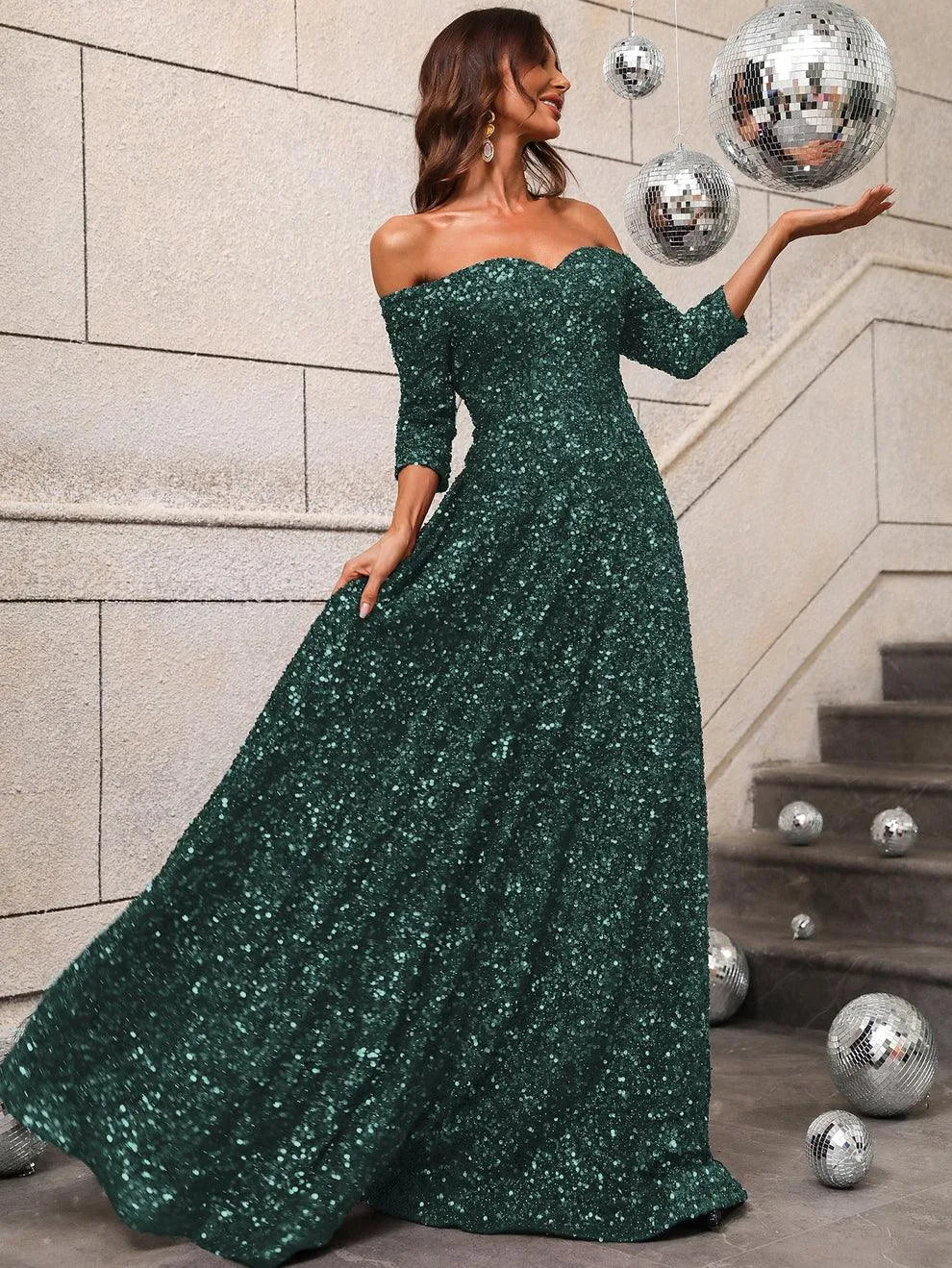 Off Shoulder 3/4 Sleeve Sequin A Line Dress - Elonnashop