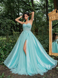 Elegant Strapless Applique Detail Beaded Sequin Bodice Split Tulle Prom Dress