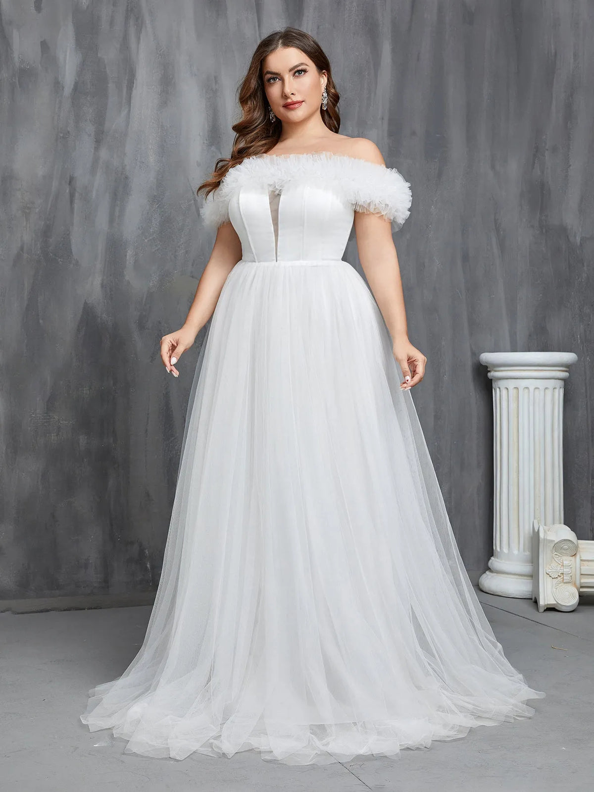 Plus Ruffle Trim Off Shoulder A Line Tulle Wedding Dress