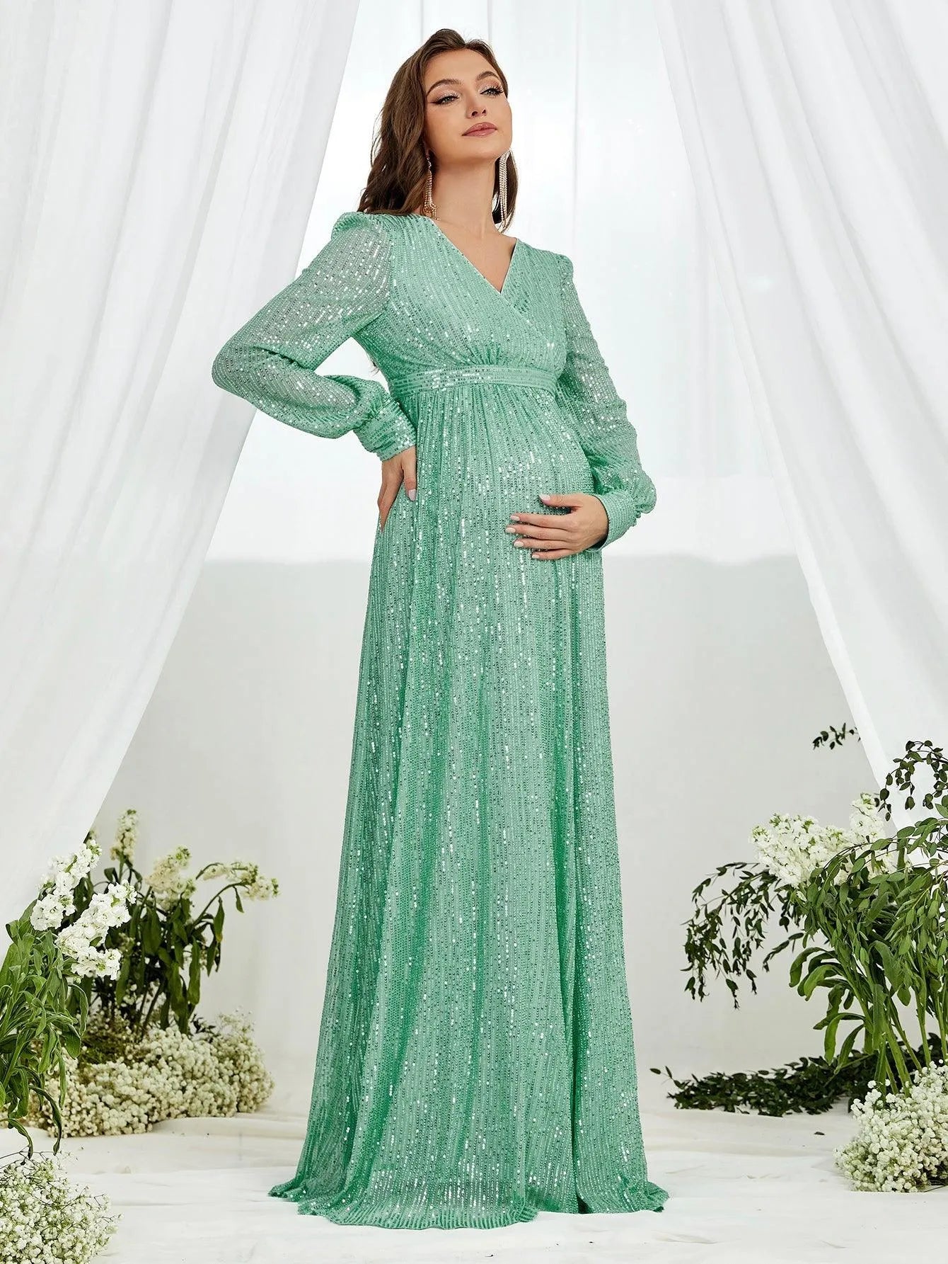 Maternity V Neck Lantern Sleeve Sequin Formal Dress - Elonnashop