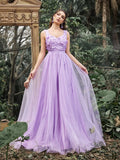 Elegant Scoop Neck Floral Applique Bodice Tulle Evening Dress - Elonnashop