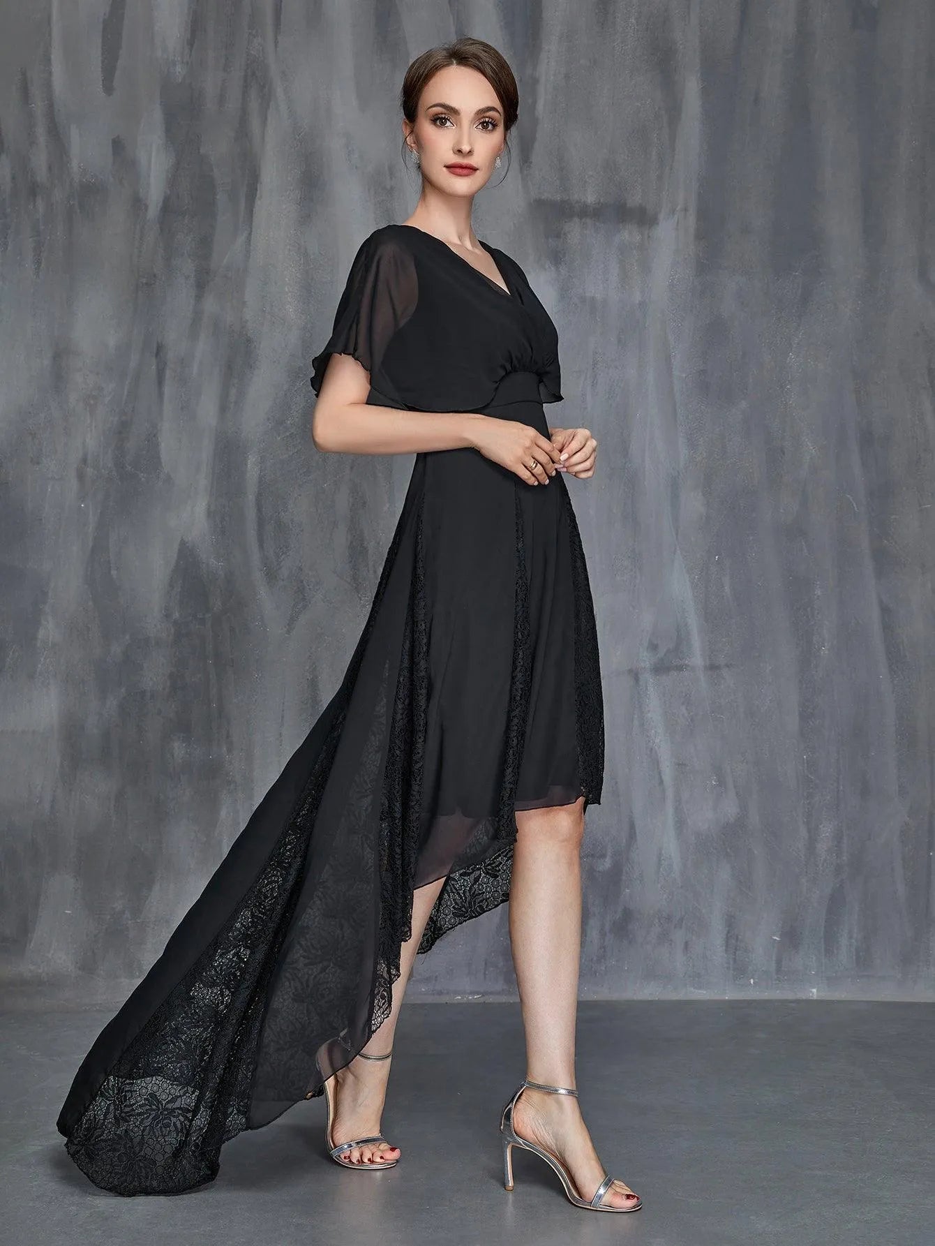 Womens' Surplice Neck High Low Hem Chiffon Dress - Elonnashop