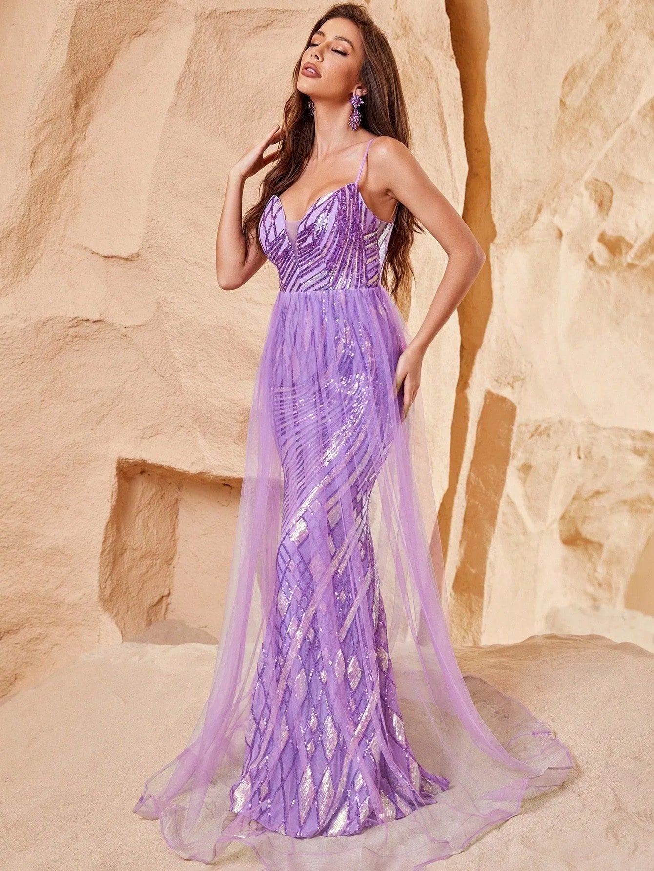 spaghetti strap mesh dress GLS by Gloria GL3748 - Long Mesh Sheath Dress