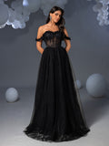 Elegant Off Shoulder Lace Bodice Contrast Tulle Hem Wedding  Dress