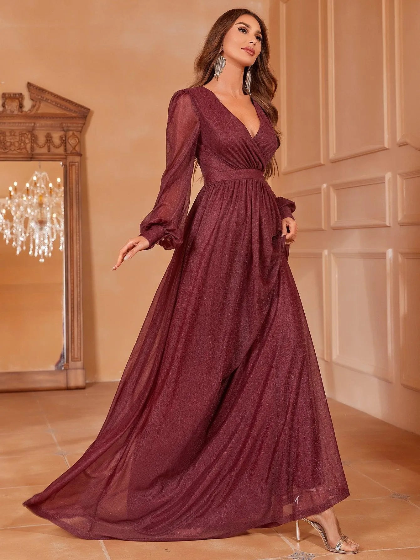 Elegant V Neck Lantern Sleeves Maxi A Line Dress - Elonnashop